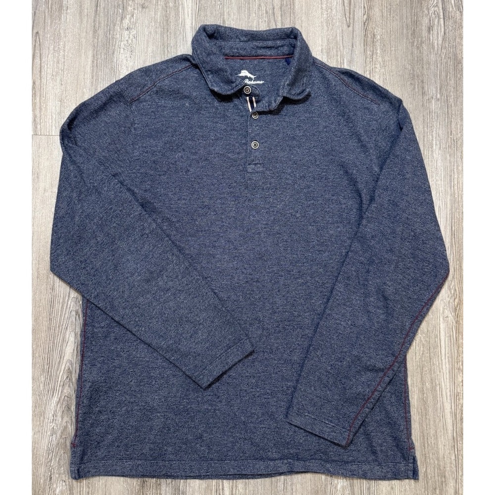Tommy Bahama Men's M Long Sleeve Polo Shirt Blue Heather 100% Cotton Red Stitch
